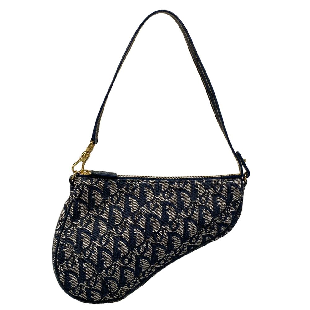 Christian Dior Saddle Pouch Handbag Navy Cream Jacquard Leather